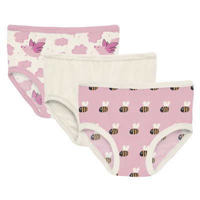 Kickee Pants Girl's Underwear Set of 3: Natural Flying Pigs, Natural & Cake Pop Baby Bumblebee  (Ships 5/15-6/15)