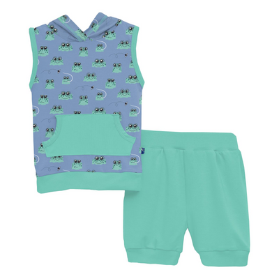 Kickee Pants Short Sleeve Hoodie Tank Outfit Set: Dream Blue Bespeckled Frogs  (Ships 5/15-6/15)