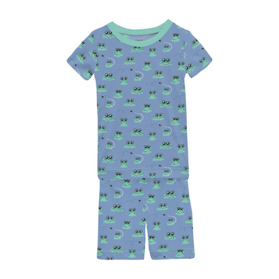 Kickee Pants Short Sleeve Pajama Set With Shorts: Dream Blue Bespeckled Frogs  (Ships 5/15-6/15)