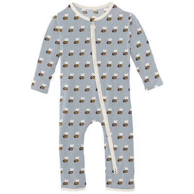 Kickee Pants Coverall With 2 Way Zipper: Pearl Blue Baby Bumblebee  (Ships 5/15-6/15)