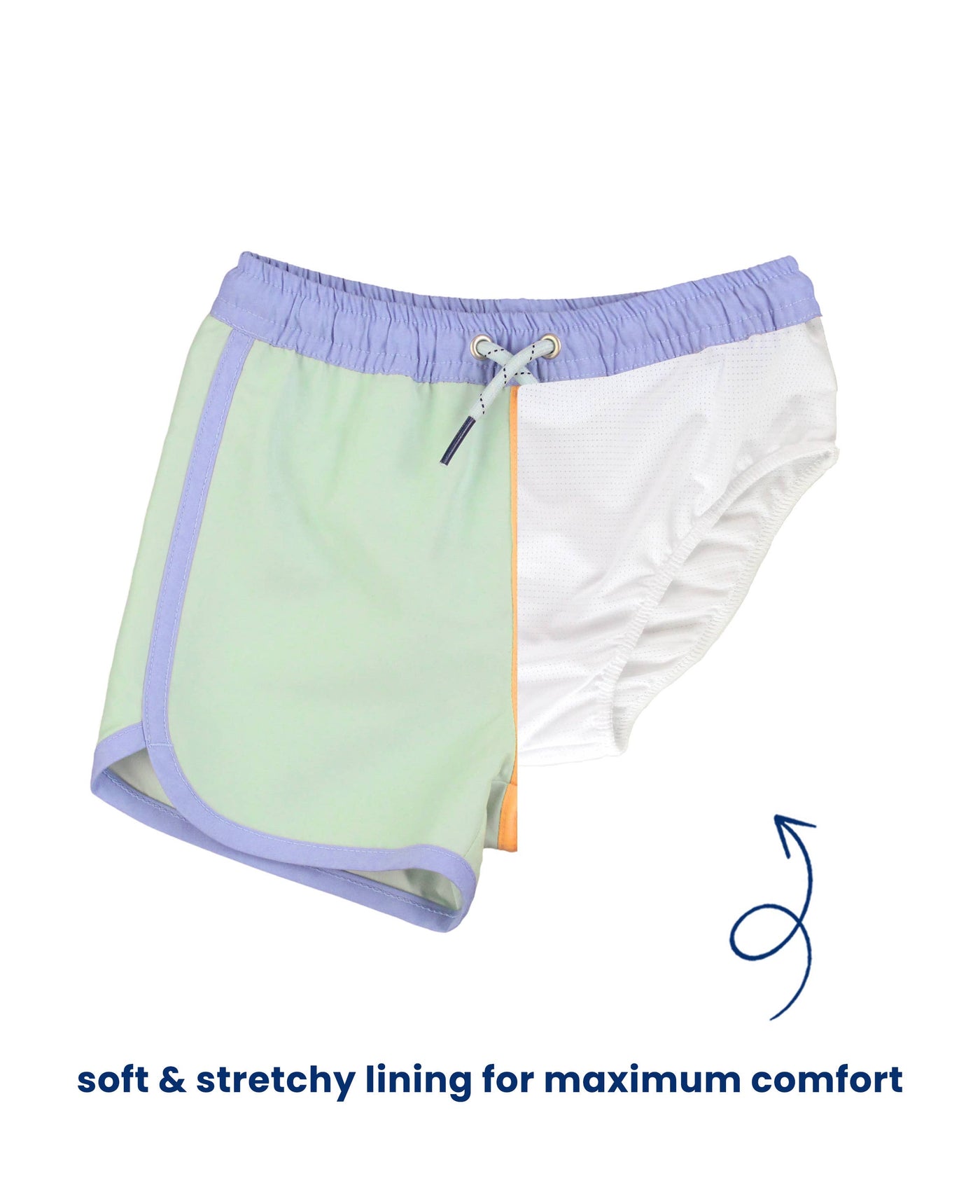 RuffleButts + RuggedButts - Boys Periwinkle, Green, & Ginger Dolphin Hem Swim Trunks