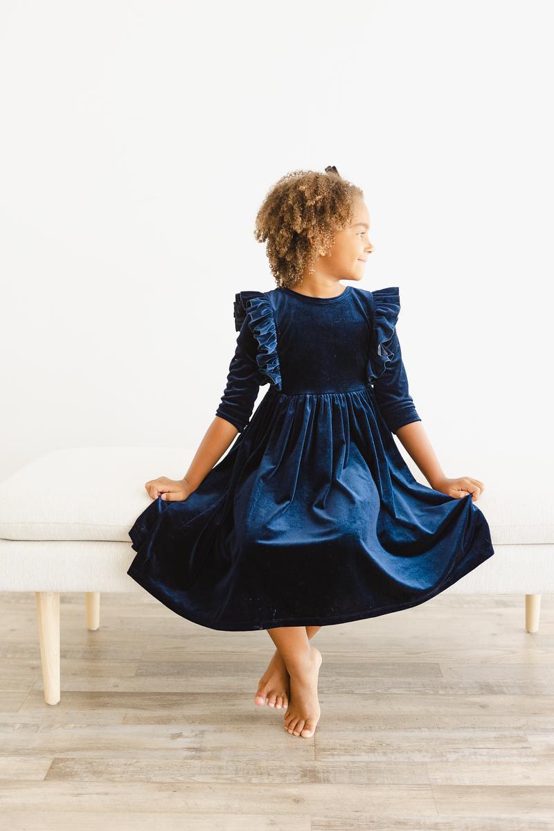 Mila & Rose:  Navy Velvet Ruffle Twirl Dress SHIPS SEPARATELY