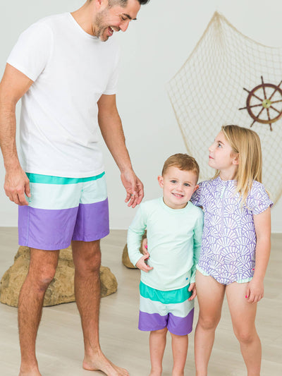 RuffleButts + RuggedButts - Boys Green Purple Colorblock Swim Trunks (Run Big)