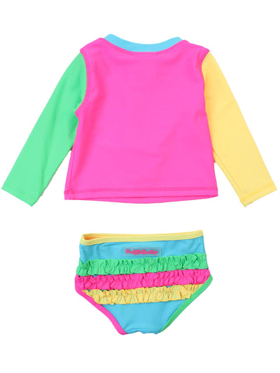 RuffleButts + RuggedButts - Girls Neon Color Block Long Sleeve Zipper Rash Guard 2-Piece