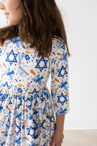 Mila & Rose:  Happy Hanukkah 3/4 Sleeve Pocket Twirl Dress SHIPS SEPARATELY
