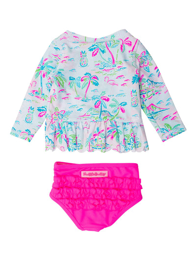 RuffleButts Scalloped Long Sleeve Rash Guard 2-Piece: Tropical Resort