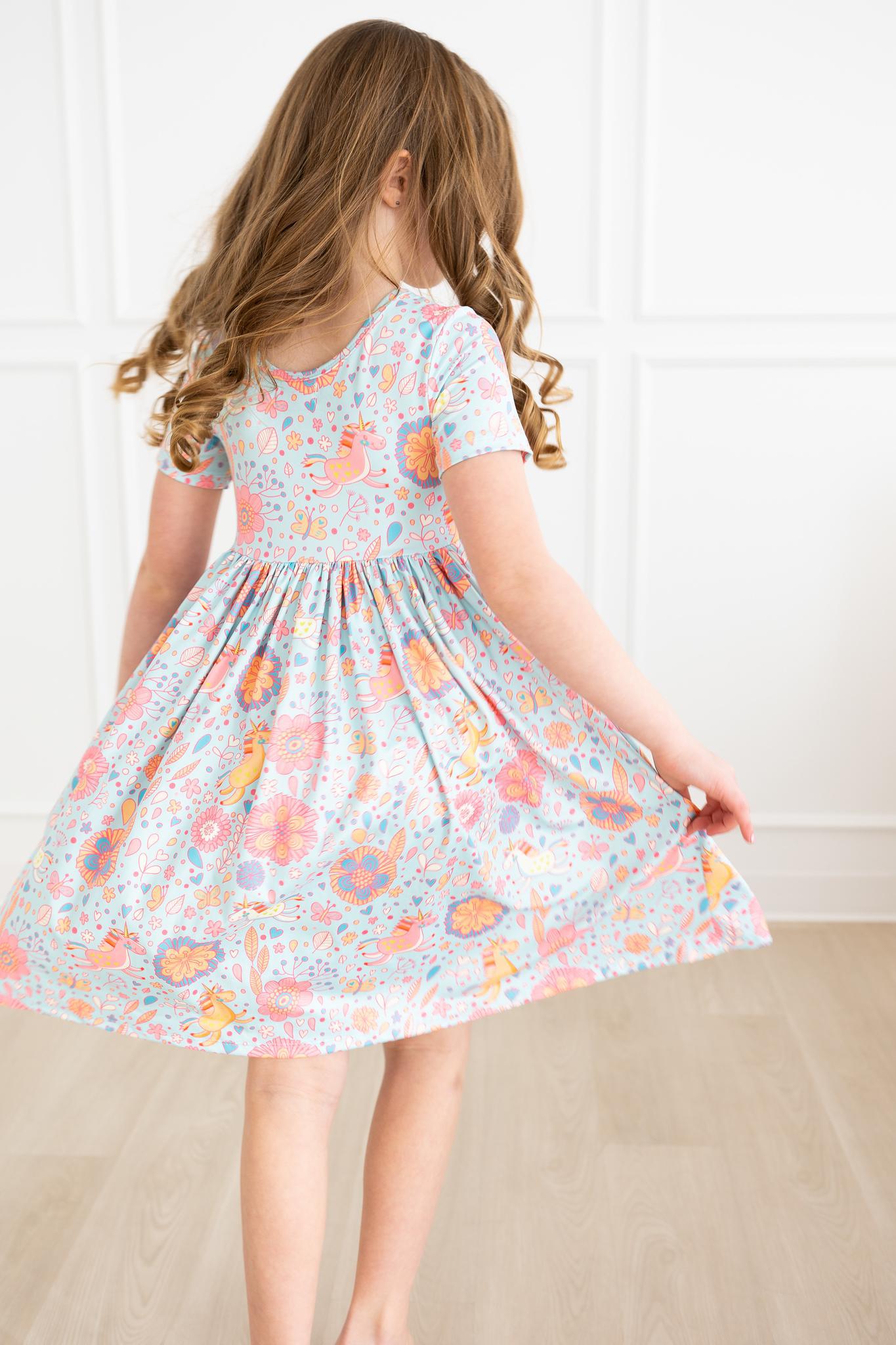 Mila & Rose:  Blue Retro Unicorns S/S Pocket Twirl Dress SHIPS SEPARATELY