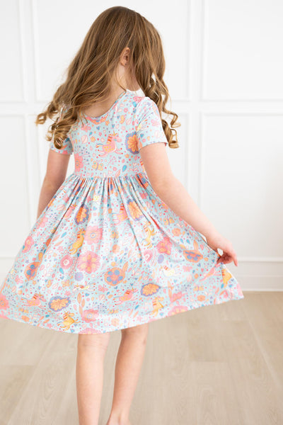 Mila & Rose:  Blue Retro Unicorns S/S Pocket Twirl Dress SHIPS SEPARATELY