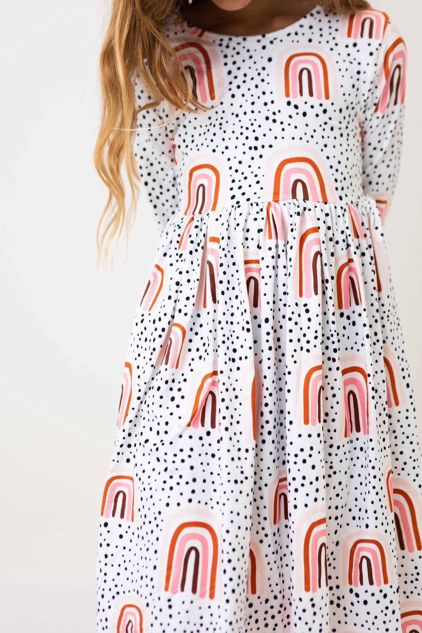Mila & Rose:  Peach Rainbow 3/4 Sleeve Pocket Twirl Dress SHIPS SEPARATELY