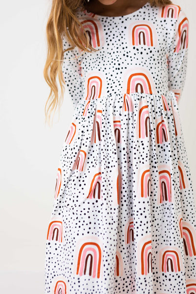 Mila & Rose:  Peach Rainbow 3/4 Sleeve Pocket Twirl Dress SHIPS SEPARATELY