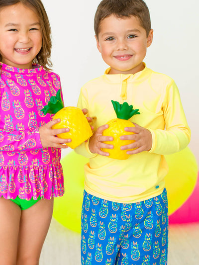 RuffleButts + RuggedButts - Boys Neon Blue Pineapples Swim Trunks (Run Big)