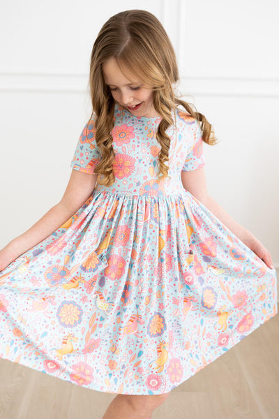 Mila & Rose:  Blue Retro Unicorns S/S Pocket Twirl Dress SHIPS SEPARATELY