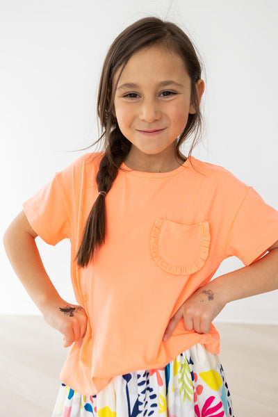 Mila & Rose:  Neon Coral Ruffle Pocket Tee SHIPS SEPARATELY
