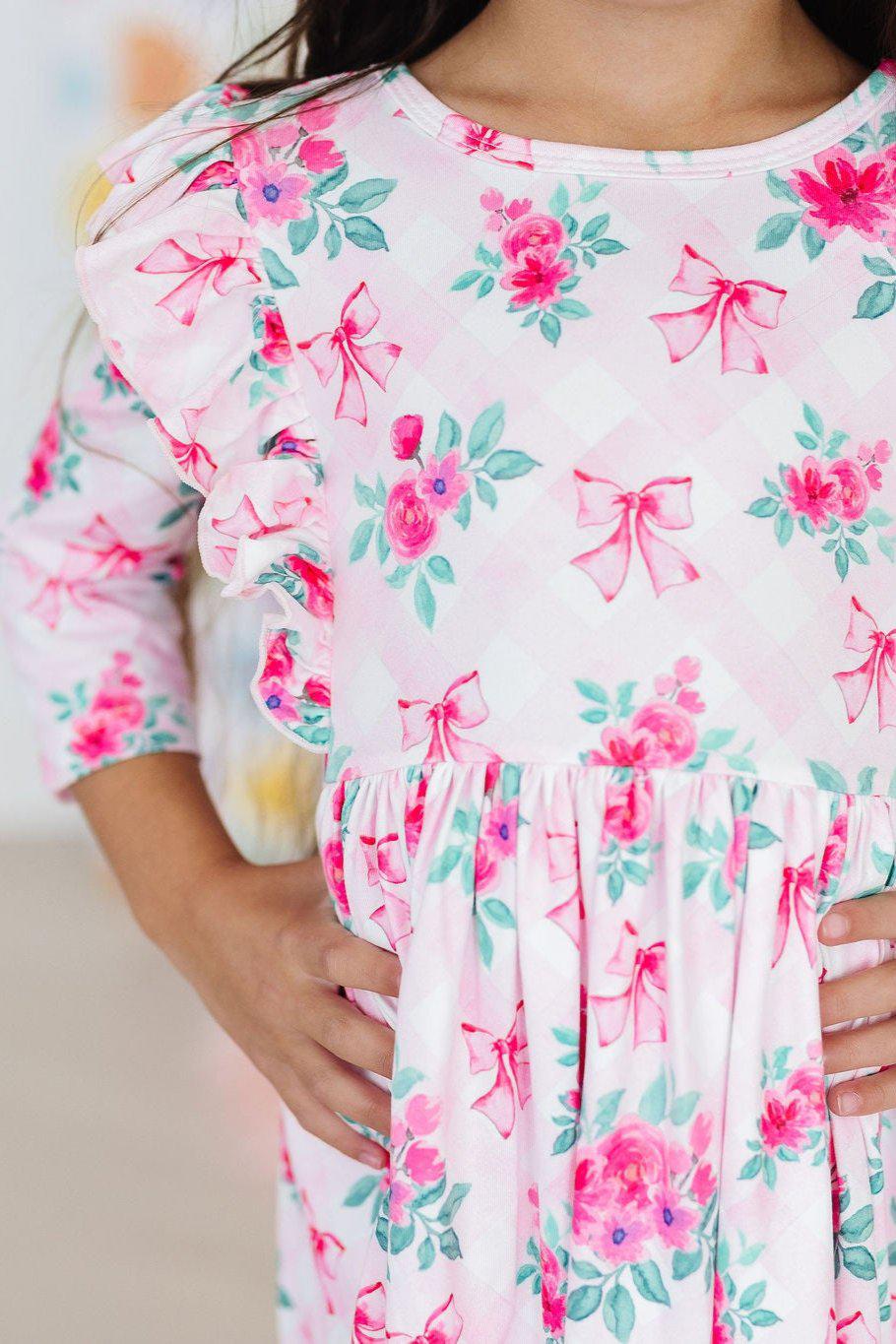 Mila & Rose:  Gingham Bows 3/4 Sleeve Ruffle Twirl Dress SHIPS SEPARATELY