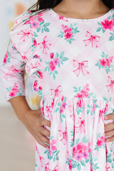 Mila & Rose:  Gingham Bows 3/4 Sleeve Ruffle Twirl Dress SHIPS SEPARATELY