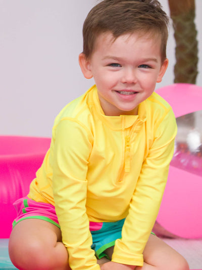 RuffleButts + RuggedButts - Boys Neon Yellow Long Sleeve Zipper Rash Guard