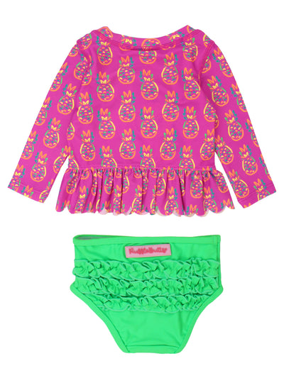 RuffleButts + RuggedButts - Girls Neon Violet Pineapples Scalloped Long Sleeve Rash Guard 2-Piece