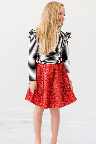 Mila & Rose:  Black & White Stripe L/S Ruffle Tee SHIPS SEPARATELY