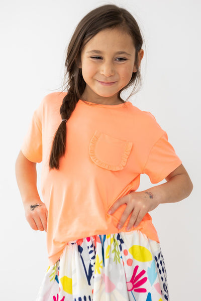 Mila & Rose:  Neon Coral Ruffle Pocket Tee SHIPS SEPARATELY