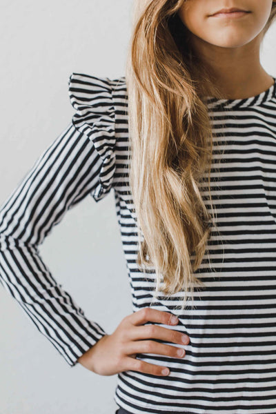 Mila & Rose:  Black & White Stripe L/S Ruffle Tee SHIPS SEPARATELY