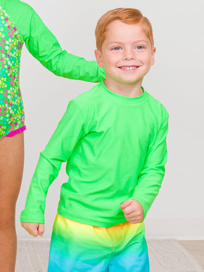 RuffleButts + RuggedButts - Boys Neon Lime Green Long Sleeve Rash Guard
