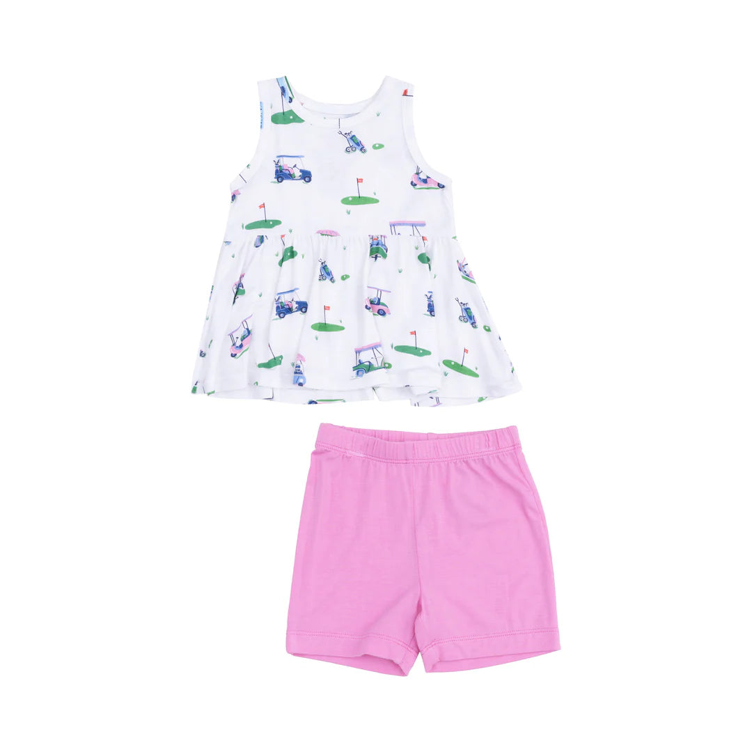 Angel Dear Peplum Top and Bike Short Set: Pink Vintage Golf Carts