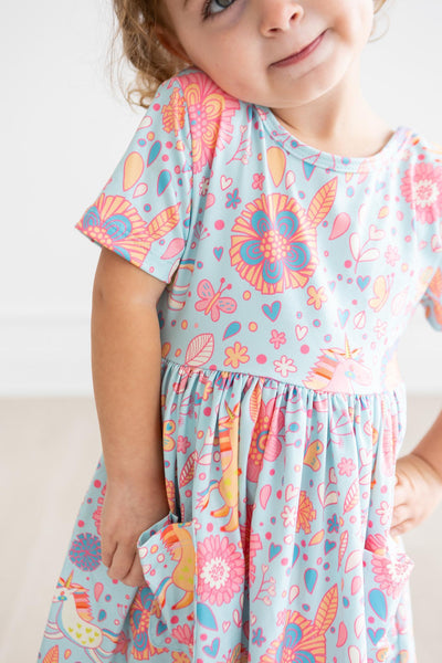 Mila & Rose:  Blue Retro Unicorns S/S Pocket Twirl Dress SHIPS SEPARATELY