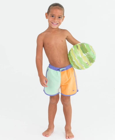 RuffleButts + RuggedButts - Boys Periwinkle, Green, & Ginger Dolphin Hem Swim Trunks