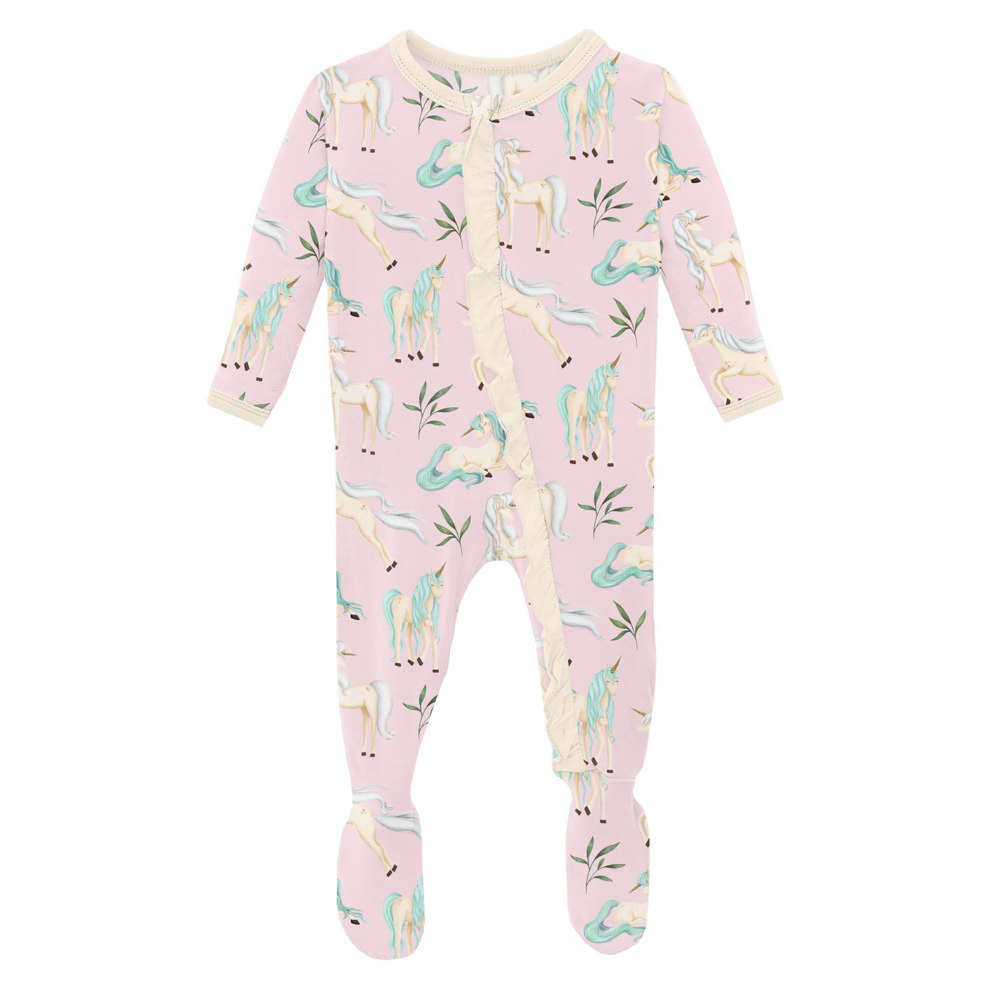 Kickee Pants Ruffle Footie with 2 Way Zipper: Shrinking Violet Sleeping Unicorns