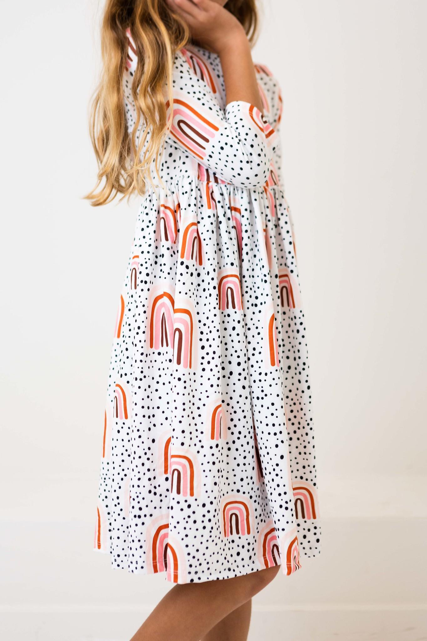 Mila & Rose:  Peach Rainbow 3/4 Sleeve Pocket Twirl Dress SHIPS SEPARATELY
