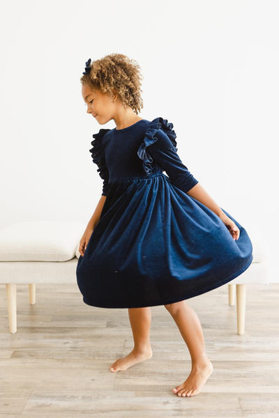 Mila & Rose:  Navy Velvet Ruffle Twirl Dress SHIPS SEPARATELY