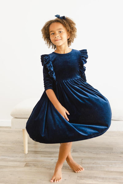 Mila & Rose:  Navy Velvet Ruffle Twirl Dress SHIPS SEPARATELY