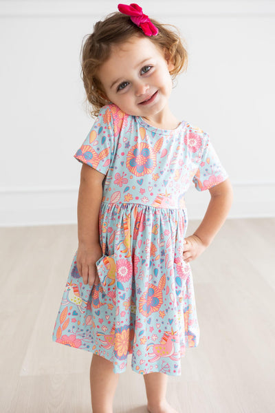 Mila & Rose:  Blue Retro Unicorns S/S Pocket Twirl Dress SHIPS SEPARATELY