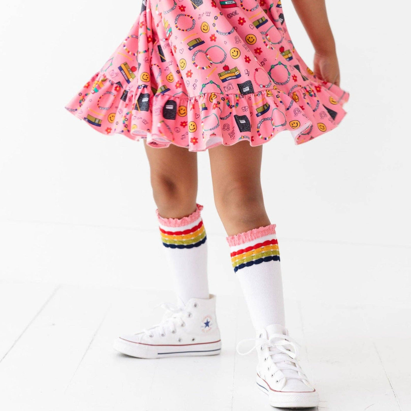Little Stocking Co. Lace Top Knee High Socks: Rainbow Bubble Stripe