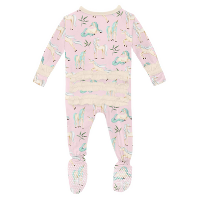 Kickee Pants Ruffle Footie with 2 Way Zipper: Shrinking Violet Sleeping Unicorns