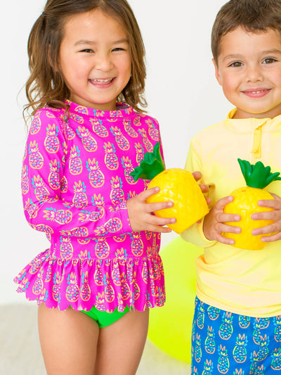 RuffleButts + RuggedButts - Girls Neon Violet Pineapples Scalloped Long Sleeve Rash Guard 2-Piece