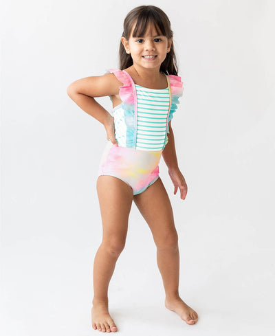 RuffleButts + RuggedButts - Girls Rainbow Tie Dye Pinafore One Piece