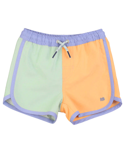 RuffleButts + RuggedButts - Boys Periwinkle, Green, & Ginger Dolphin Hem Swim Trunks