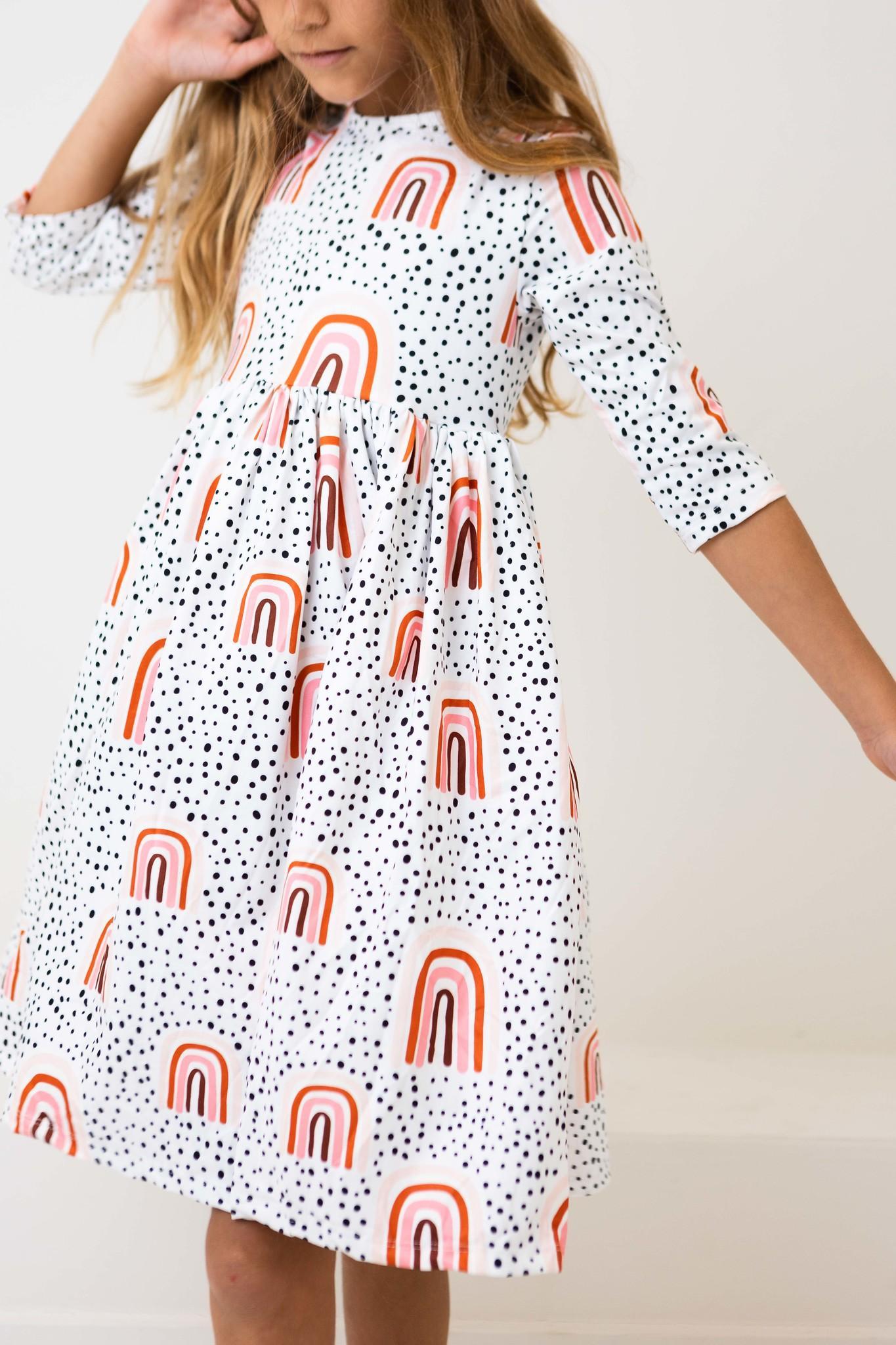 Mila & Rose:  Peach Rainbow 3/4 Sleeve Pocket Twirl Dress SHIPS SEPARATELY