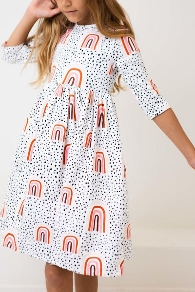 Mila & Rose:  Peach Rainbow 3/4 Sleeve Pocket Twirl Dress SHIPS SEPARATELY
