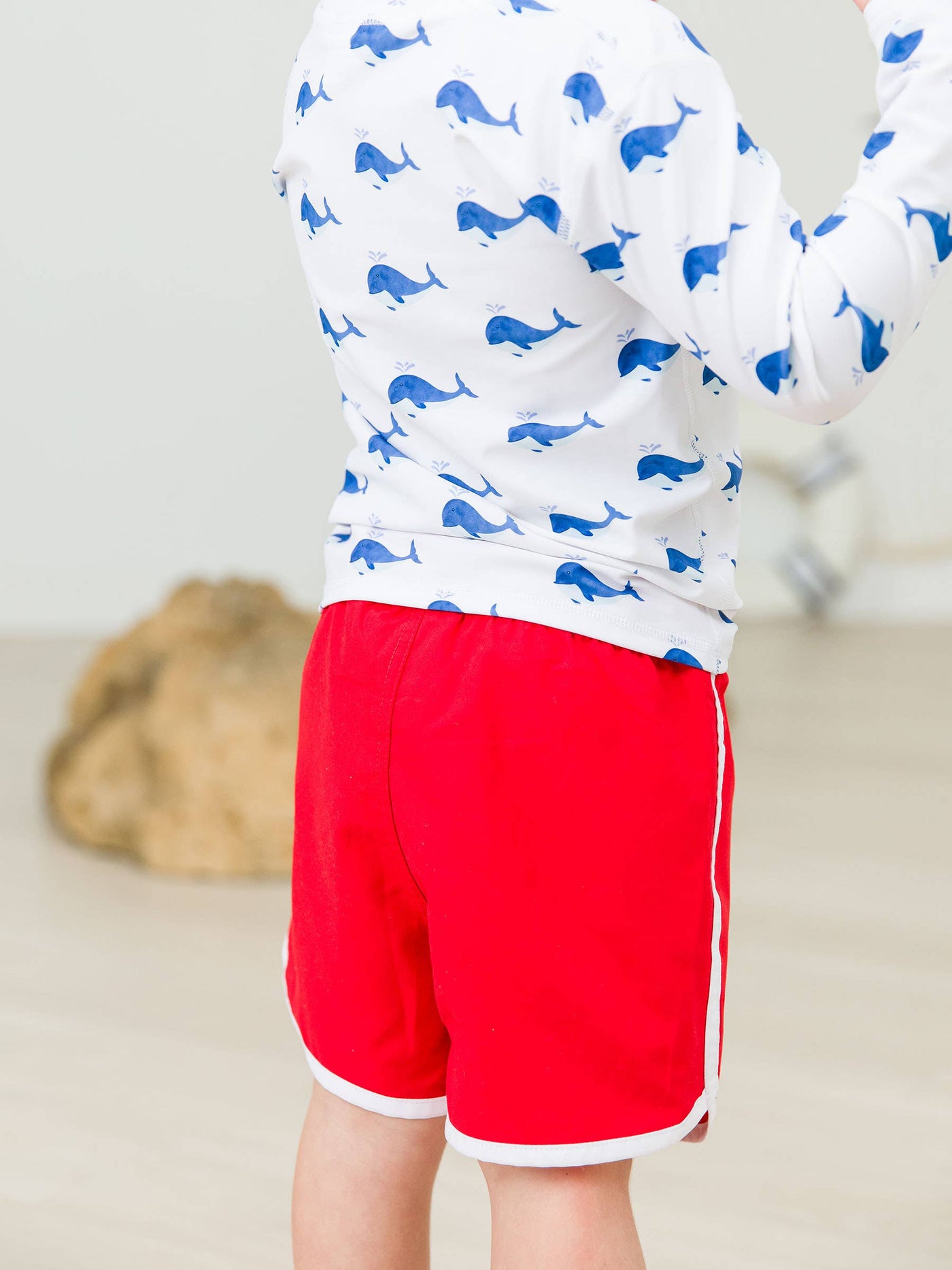 RuffleButts + RuggedButts - Boys Vintage Red Dolphin Hem Swim Trunks