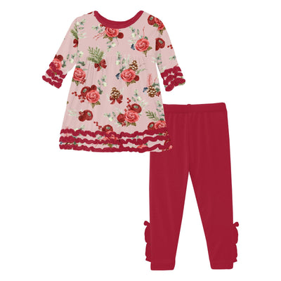 Kickee Pants 3/4 Sleeve Babydoll Outfit Set: Baby Rose Holiday Floral