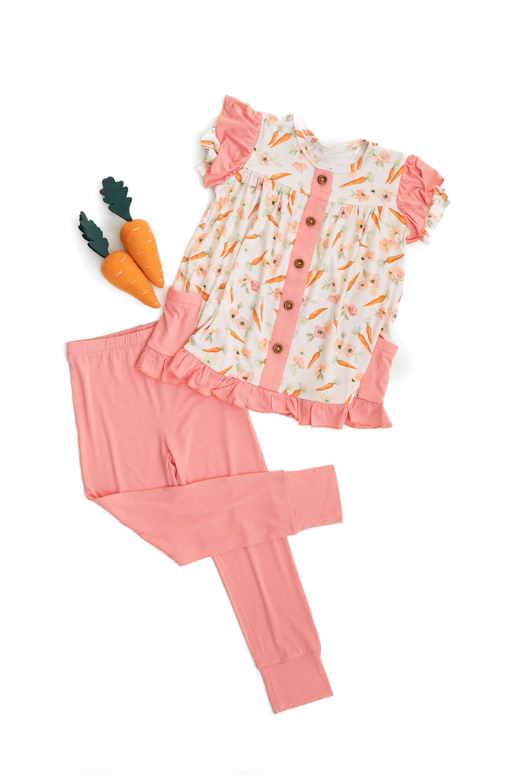 Laree + Co: Lillian's Pink Easter Carrots Short Sleeve Peplum + Legging Set