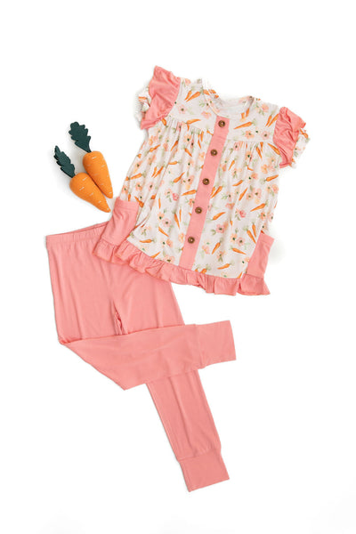 Laree + Co: Lillian's Pink Easter Carrots Short Sleeve Peplum + Legging Set