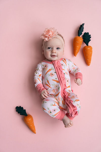 Laree + Co: Lillian's Pink Easter Carrots Bamboo Ruffle Convertible Footie