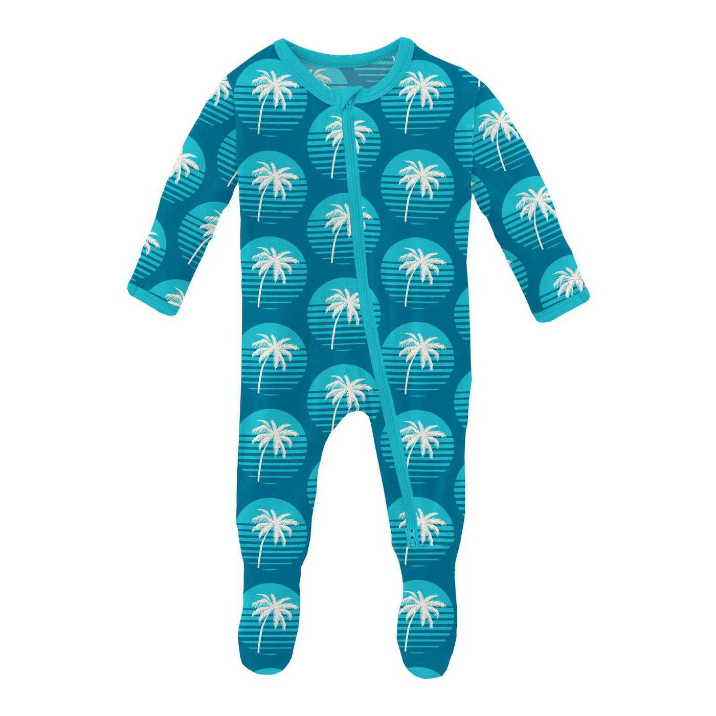 Kickee Pants Footie with 2 Way Zipper: Cerulean Blue Palm Tree Sun