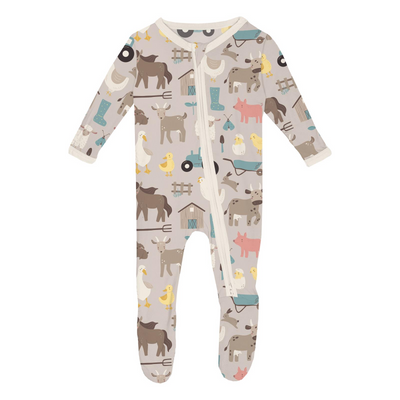 Kickee Pants Footie with 2 Way Zipper: Latte Morning on the Farm