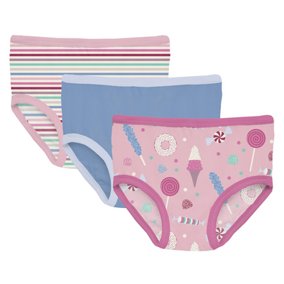 Kickee Pants Girl's Underwear Set of 3: Make Believe Stripe, Dream Blue & Cake Pop Candy Dreams