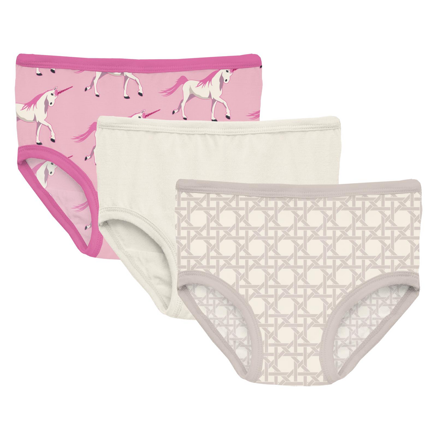 Print of the Week Kickee Pants Girl's Underwear Set of 3: Cake Pop Prancing Unicorn, Natural & Latte Wicker