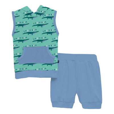 Kickee Pants Short Sleeve Hoodie Tank Outfit Set: Glass Later Alligator